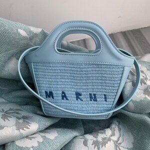 Marni Blue Raffia Tote Bag with Leather Trim